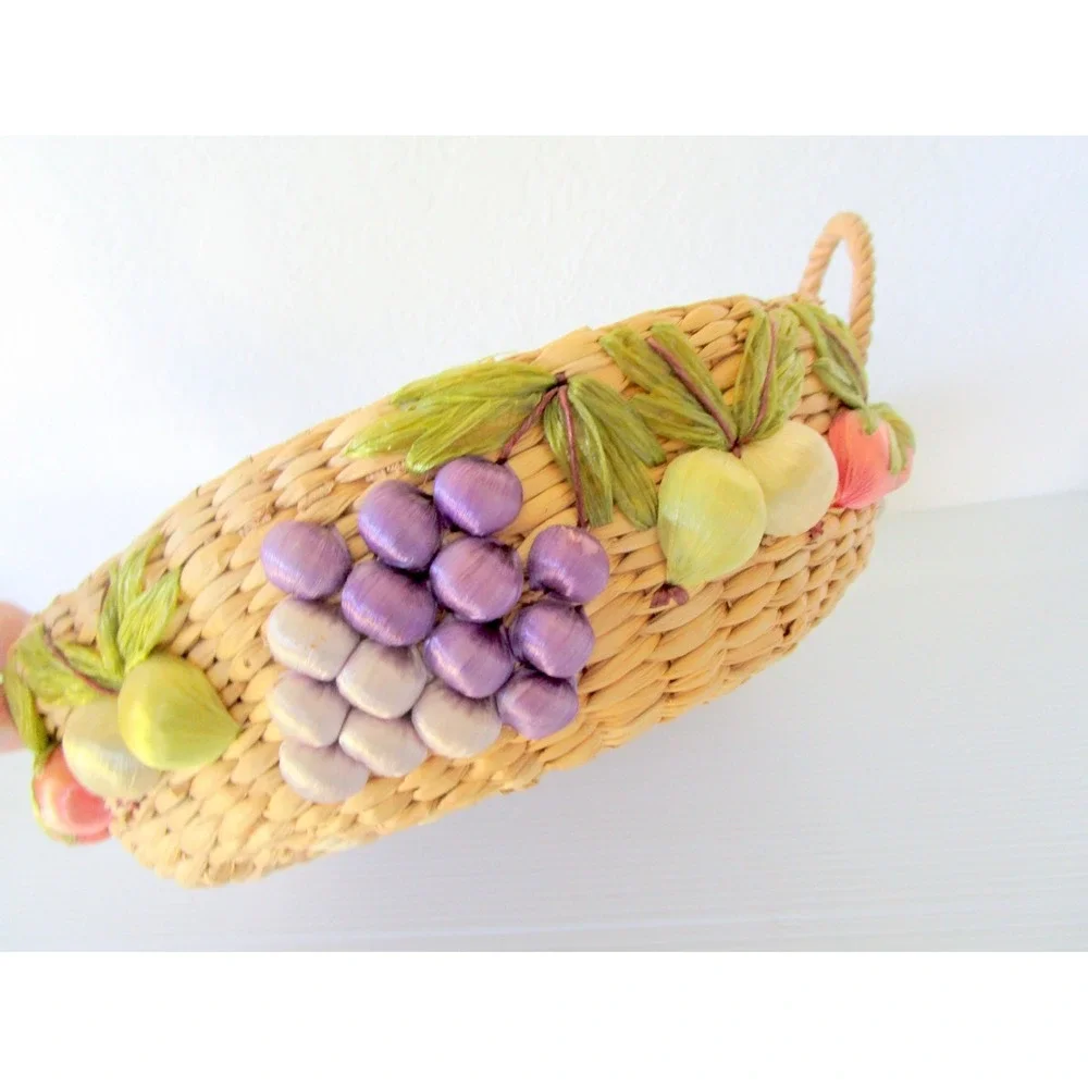 Vintage Raffia Woven Straw Basket Embroidered Fruit Grapes Handles Casserole